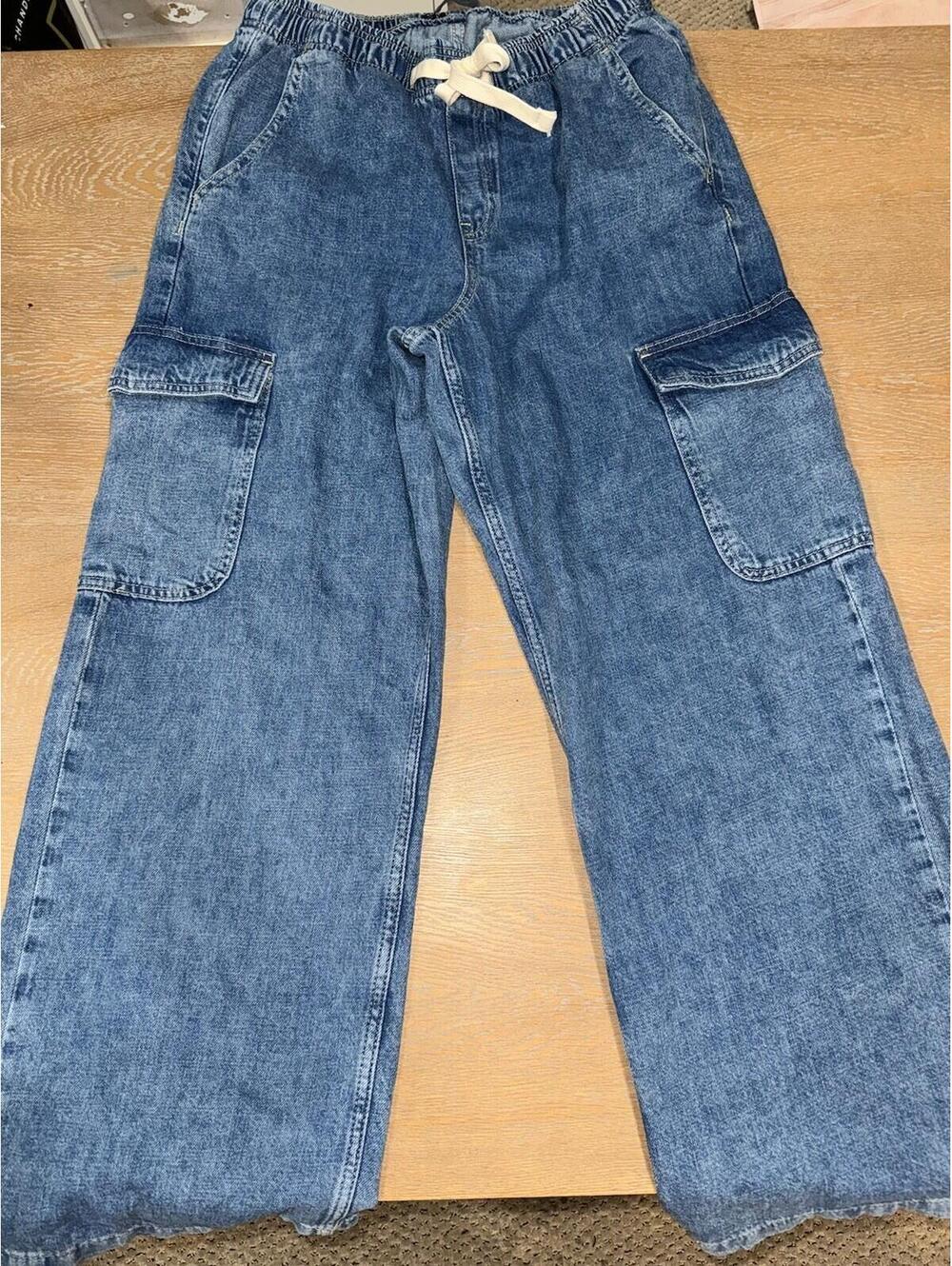 Gap Denim High Rise Wide Leg Cargo Jeans 29” Womens M Blue Drawstring Casual - Picture 2 of 4